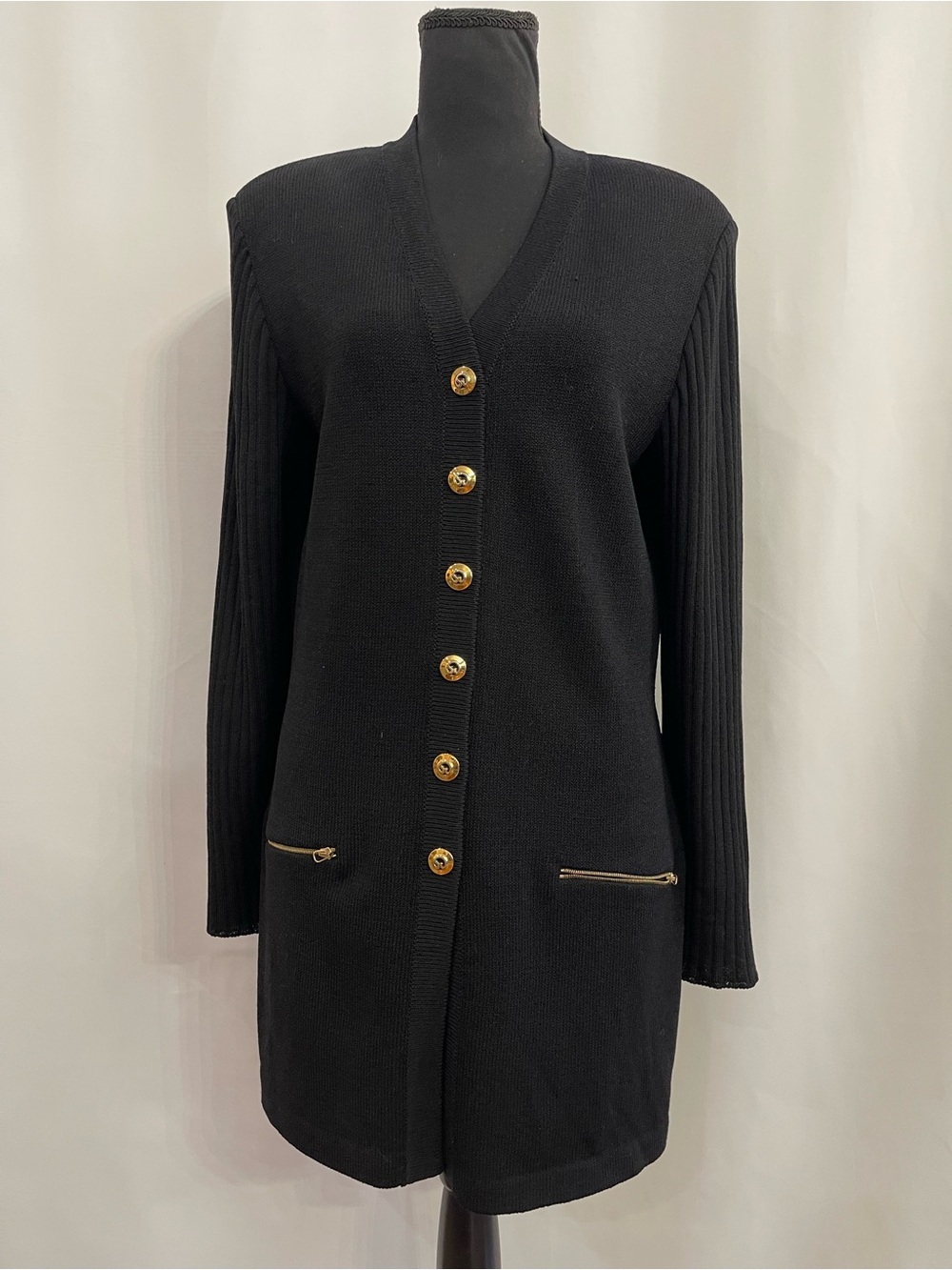 St John collection by Marie gray Black Knit V-Neck Cardigan/dress women’s 8